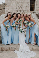 Sheath One Shoulder Light Blue Chiffon Slit Bridesmaid Dress