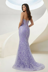 Lilac Strapless Mermaid Sequined Lace Formal Prom Dresses With Beading