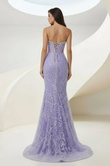 Lilac Strapless Mermaid Sequined Lace Formal Prom Dresses With Beading