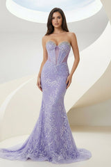 Lilac Strapless Mermaid Sequined Lace Formal Prom Dresses With Beading