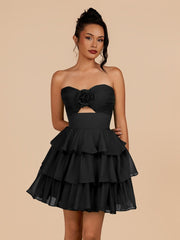 Black - Strapless A Line Chiffon Ruffles Homecoming Dresses With Flower