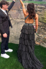 Black - A-Line V Neck Satin Beaded Long Prom Dresses With Ruffles