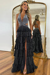 Black - A-Line V Neck Satin Beaded Long Prom Dresses With Ruffles