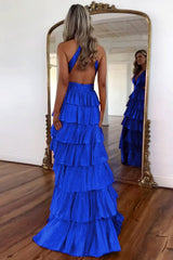Royal Blue - A-Line V Neck Satin Beaded Long Prom Dresses With Ruffles