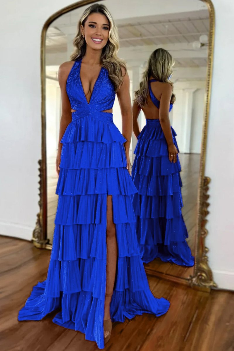 Royal Blue - A-Line V Neck Satin Beaded Long Prom Dresses With Ruffles
