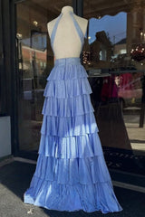 Sky Blue - A-Line V Neck Satin Beaded Long Prom Dresses With Ruffles