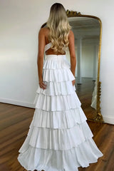 White - A-Line V Neck Satin Beaded Long Prom Dresses With Ruffles