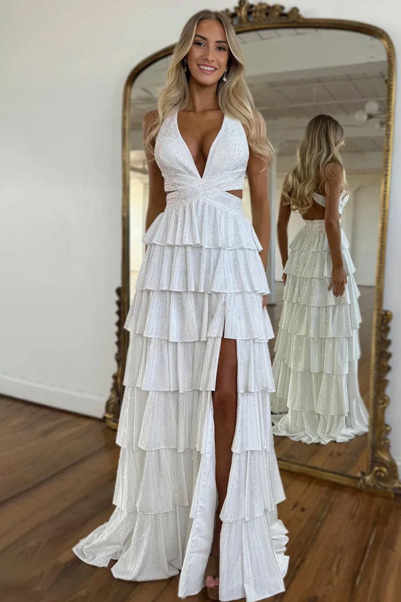 White - A-Line V Neck Satin Beaded Long Prom Dresses With Ruffles