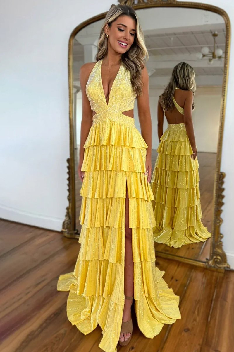 Yellow - A-Line V Neck Satin Beaded Long Prom Dresses With Ruffles