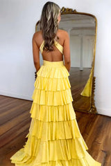 Yellow - A-Line V Neck Satin Beaded Long Prom Dresses With Ruffles