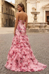 Pink Strapless Sheath Floral Chiffon Ruffles Long Formal Prom Dresses With Bow