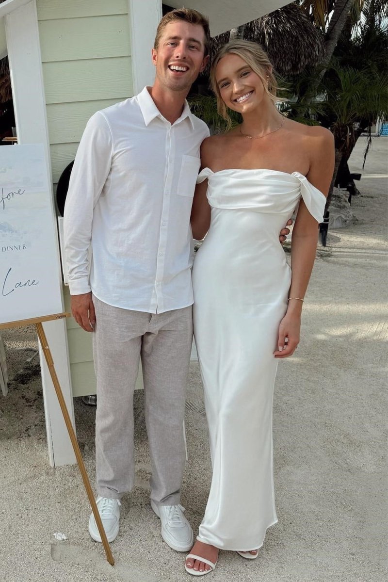 White - Off The Shoulder Sheath Satin Long Prom Dresses