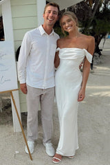 White - Off The Shoulder Sheath Satin Long Prom Dresses