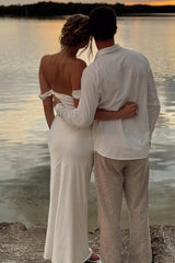 White - Off The Shoulder Sheath Satin Long Prom Dresses