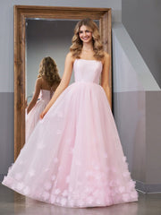 A-line Spaghetti Straps Pink Tulle Prom Dress