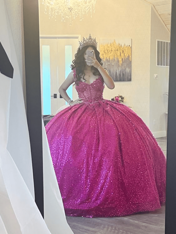 Fuchsia Sleeveless Sequin Quinceanera Dress