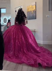 Fuchsia Sleeveless Sequin Quinceanera Dress