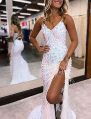 Mermaid V Neck Sequins Long Prom Dress with Slit