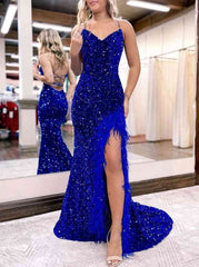 Mermaid V Neck Sequins Long Prom Dress with Slit