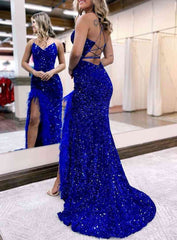 Mermaid V Neck Sequins Long Prom Dress with Slit