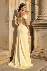 Yellow Mermaid Off The Shoulder Satin Long Prom Dresses With Flowers