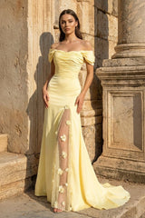 Yellow Mermaid Off The Shoulder Satin Long Prom Dresses With Flowers