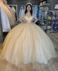 Glitter Off The Shoulder Beading Tulle Long Quinceanera Dresses