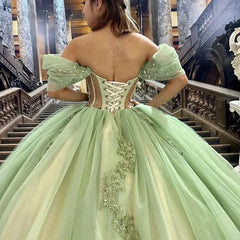 Sage Green Off Shoulder Beading Floral Appliqué Quinceanera Dress