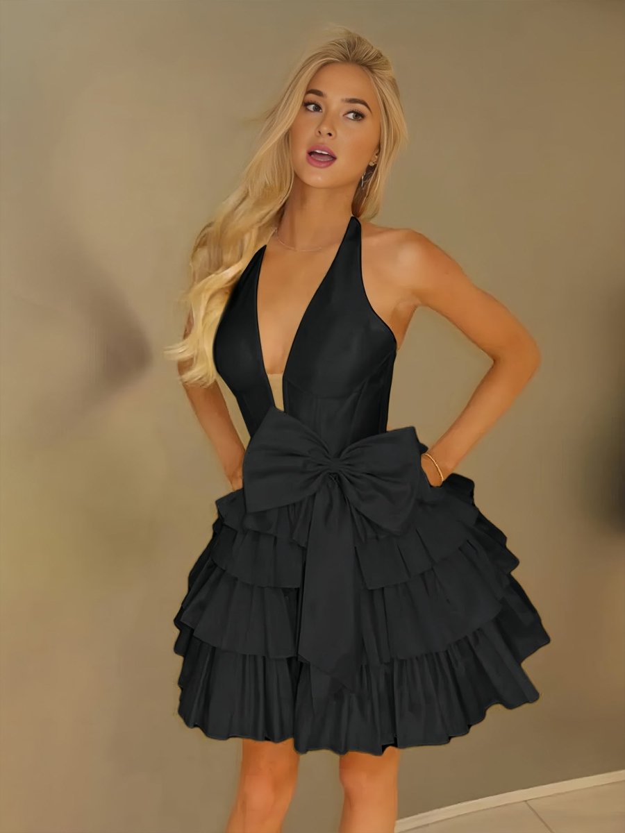 Black - Halter A Line Ruffles Satin Homecoming Dress With Bow