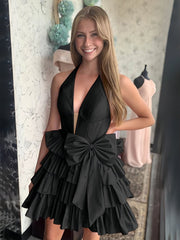 Black - Halter A Line Ruffles Satin Homecoming Dress With Bow