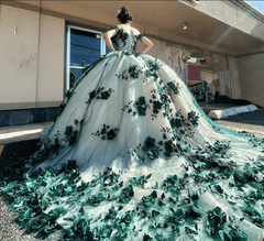 Green Ball Gown Off The Shoulder 3D Flowers Beads Applique Quinceanera Dresses