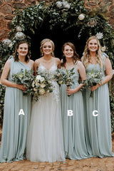 Grey Green Chiffon Spaghetti Straps A-Line Long Bridesmaid Dress