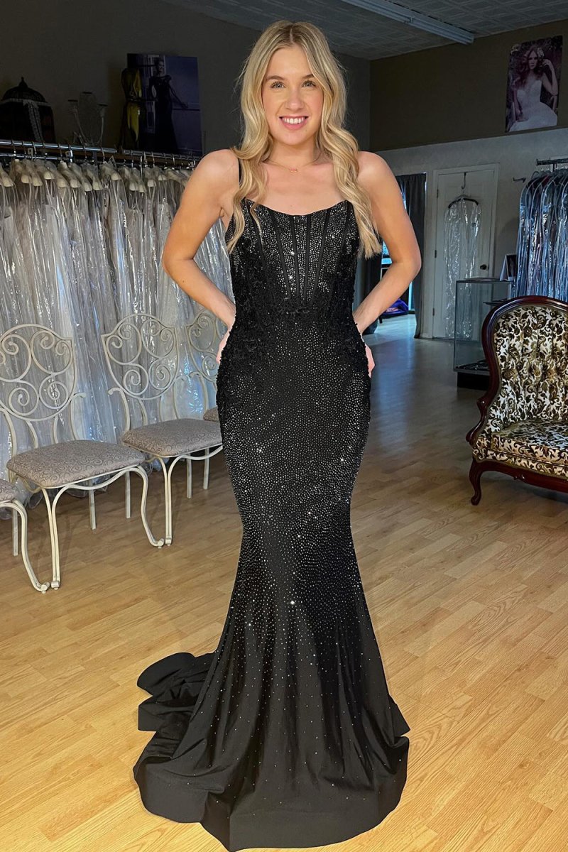 Black Scoop Neck Mermaid Prom Dresses With Beading