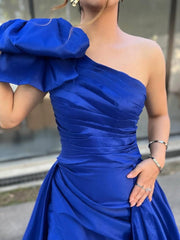 A-Line One Shoulder Pleated Satin Long Prom Dress with Bow