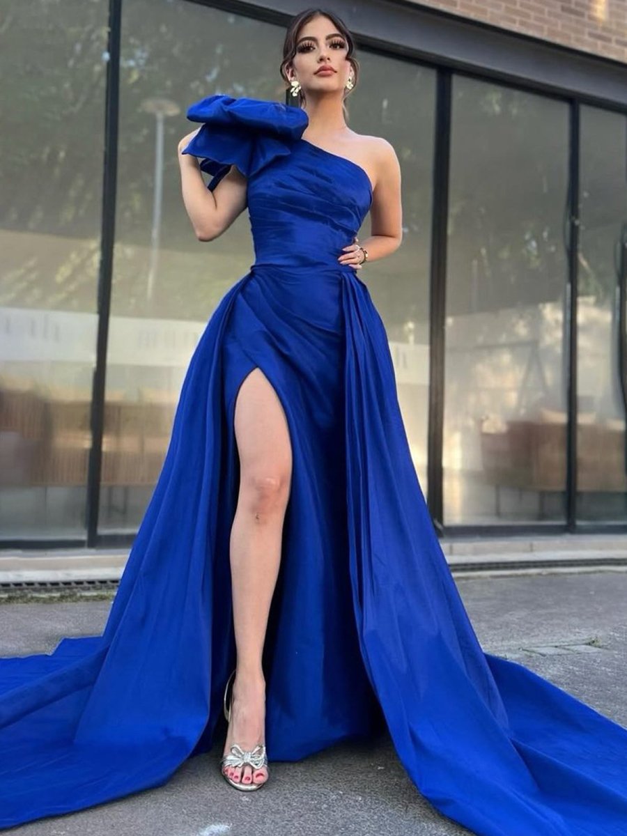 A-Line One Shoulder Pleated Satin Long Prom Dress with Bow