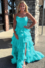 Aqua - A Line Strapless Chiffon Beaded Corset Long Prom Dress With Slit