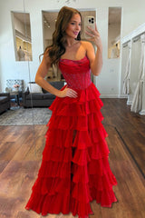 Red - A Line Strapless Chiffon Beaded Corset Long Prom Dress With Slit