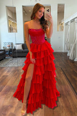 Red - A Line Strapless Chiffon Beaded Corset Long Prom Dress With Slit