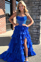Royal Blue - A Line Strapless Chiffon Beaded Corset Long Prom Dress With Slit