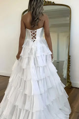 White - A Line Strapless Chiffon Beaded Corset Long Prom Dress With Slit