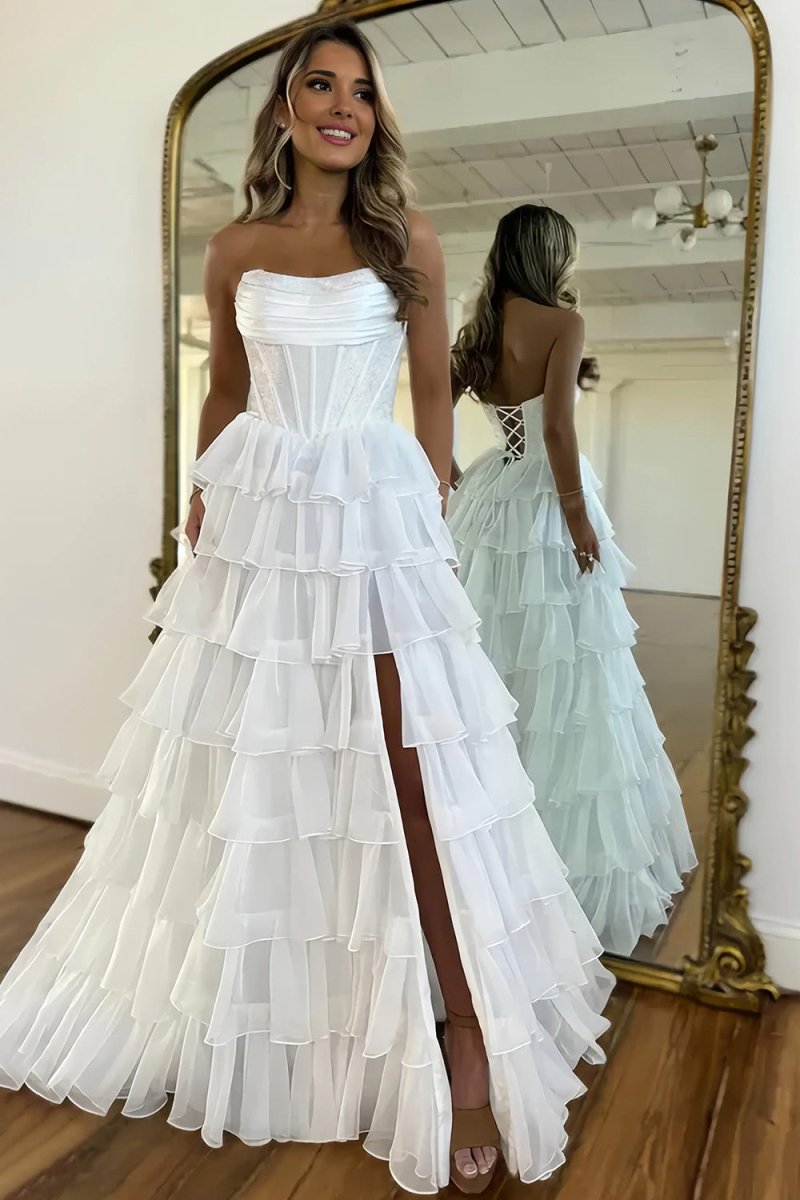 White - A Line Strapless Chiffon Beaded Corset Long Prom Dress With Slit