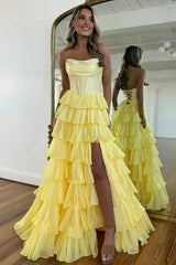 Yellow - A Line Strapless Chiffon Beaded Corset Long Prom Dress With Slit