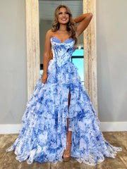 A-Line Blush Strapless Chiffon Floral Ruffled Prom Dress With Slit