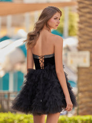 Black - Strapless A Line Tiered Tulle Homecoming Dress With Bow