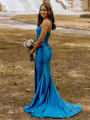 Blue Satin Mermaid Long Formal Dress with Slit