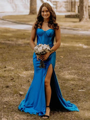 Blue Satin Mermaid Long Formal Dress with Slit