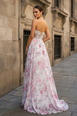 Pink Halter A Line Floral Chiffon Ruffled Formal Prom Dresses With Beading