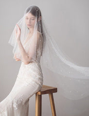 Hip Length Ivory Tulle Wedding Veils with Pearl Drop Veil