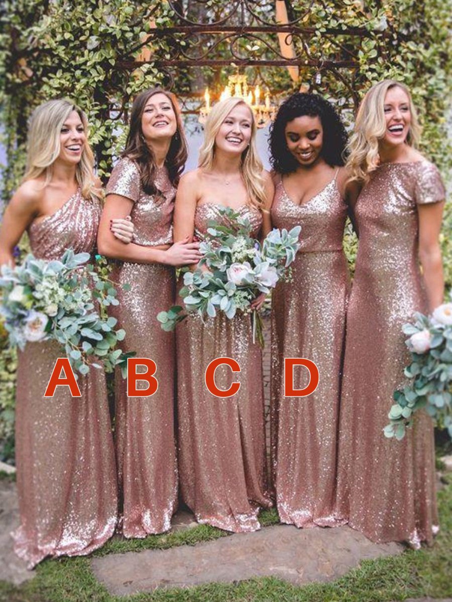Hot Mismatched Gold Rose Sequined Bridesmaid Dresses
