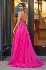 Hot Pink A-Line Tulle Lace Strapless Long Prom Dress